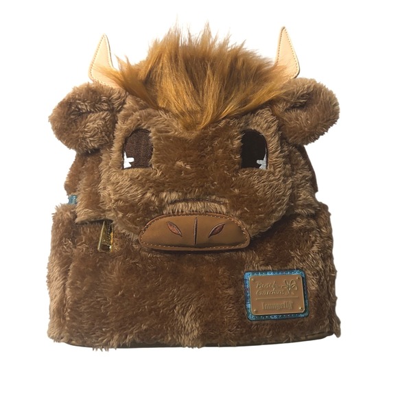 Loungefly Handbags - Loungefly Busch Gardens Highland Cow Plush Mini Backpack Brown Plaid NWT Hairy